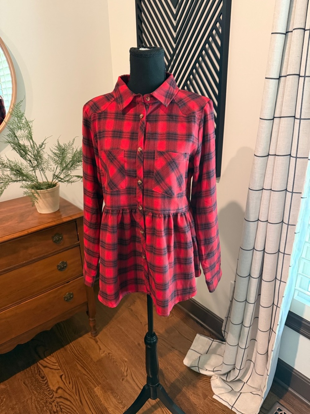 Jodifl Red/ black flannel plaid peplum/babydoll tunic medium